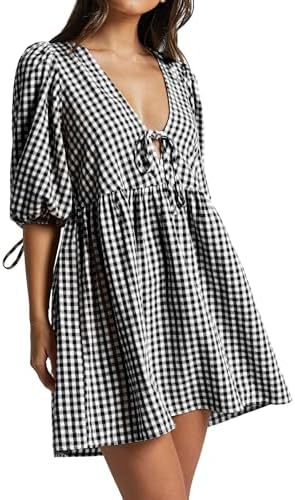 Women's V neck Lace up Plaid Dress Black And White - Shop at LoveMi