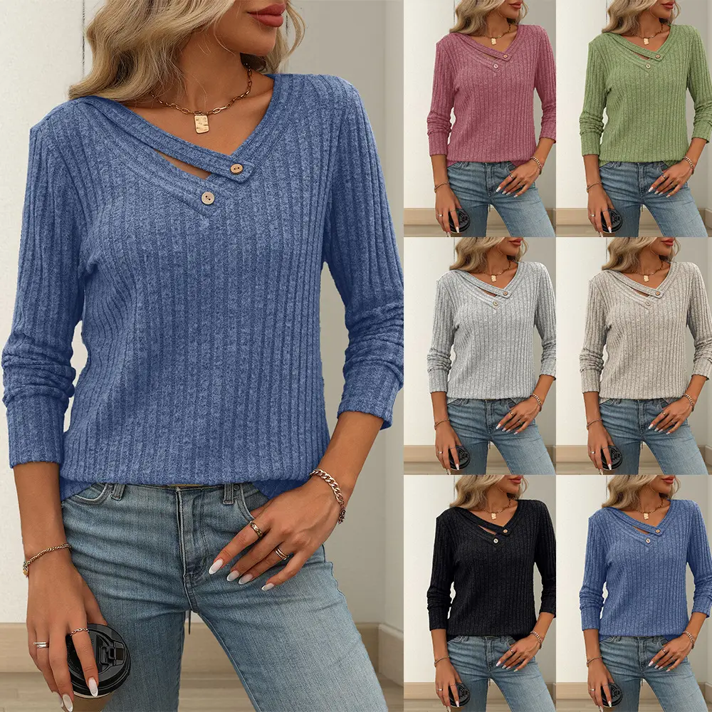 Solid-color V-neck Long-sleeve Knit Top