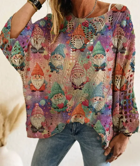 Bat Loose Off shoulder Boat Neck Diamond Hollow out Contrast Color Christmas Print Knitted Sweater Pattern 5 - Shop at LoveMi