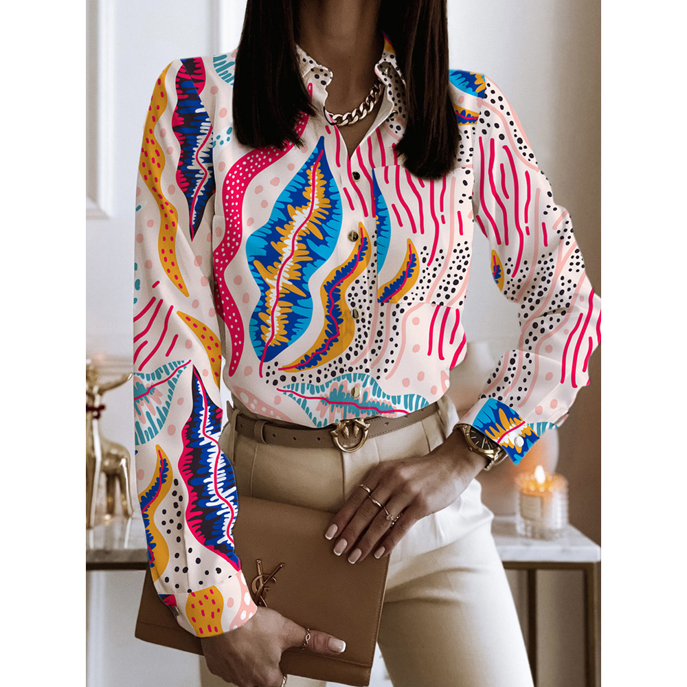 Spring And Autumn Long Sleeve Loose Printed Long Sleeve Lapel Mid length Shirt Style 12 M - Shop at LoveMi