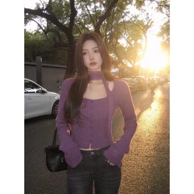 Square Collar All matching Base Inner Wear Sweater Top Purple - Shop at LoveMi