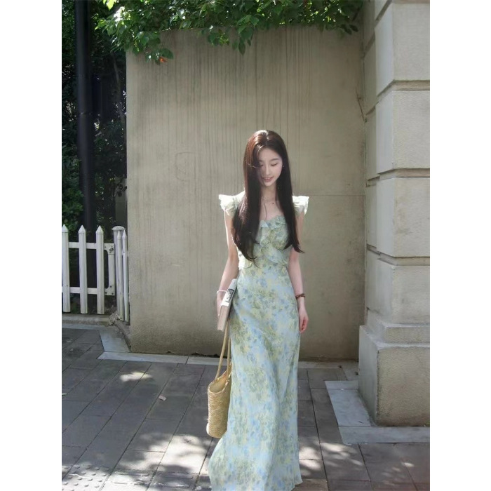 French Style Floral Skirt Flying Sleeve Dress Women's Summer Green - Shop at LoveMi