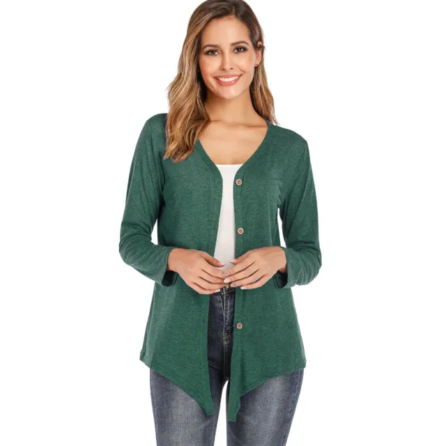 Women's V neck Button Long sleeved Cardigan T shirt Bottoming Shirt Green - Shop at LoveMi