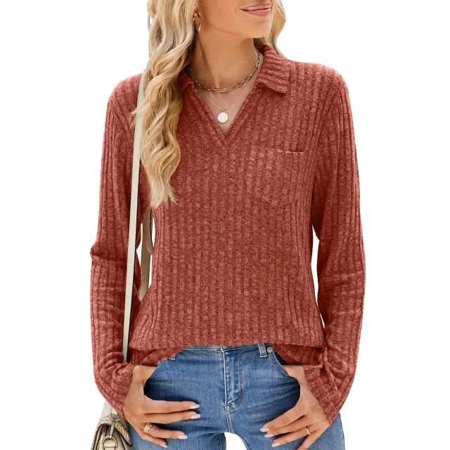 Solid Color Polo Collar Pocket Long Sleeve Loose fitting T shirt Top Women Red - Shop at LoveMi
