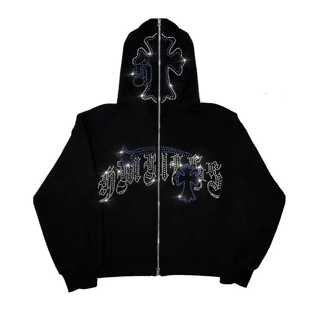 Cross Rhinestone Printed Cardigan Coat Loose Zip Hoodie Sweater