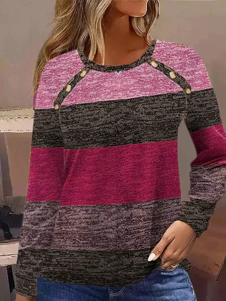 Color Block Printed Button Long Sleeve Round Neck T shirt Red - Shop at LoveMi