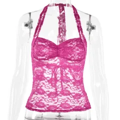 Lace Splicing Sling Halter Small Top Women's Sexy See-through T-shirt - Red - View 1