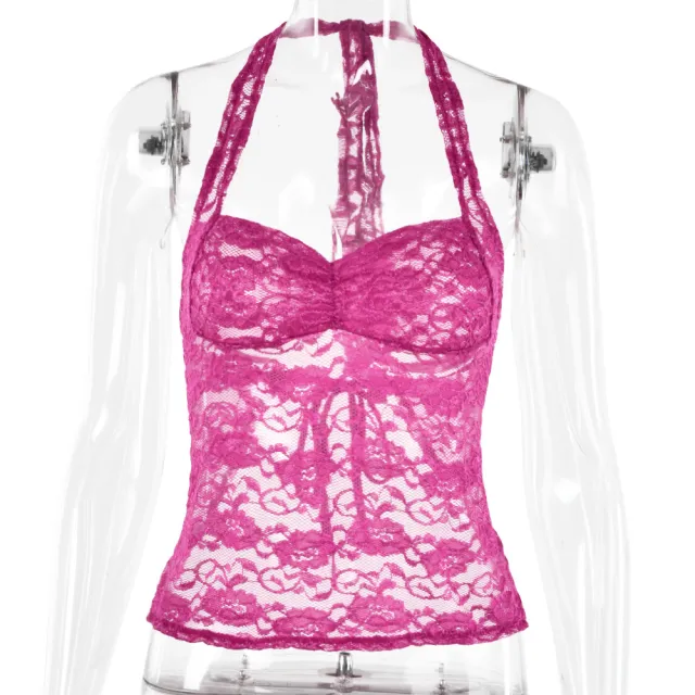 Lace Splicing Sling Halter Small Top Women's Sexy See through T shirt Rose - Shop at LoveMi