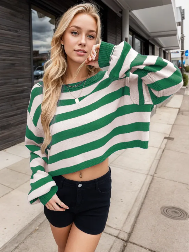 Women's Pullover Sweater Striped Loose Short Green - Shop at LoveMi