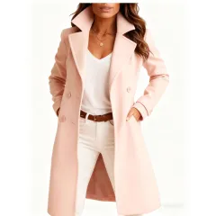 Single-breasted Mid-length Coat With Pockets Fashion Elegant Lapel Jacket Casual Long-sleeved Top Outwear Women's Clothing - Pink - View 1
