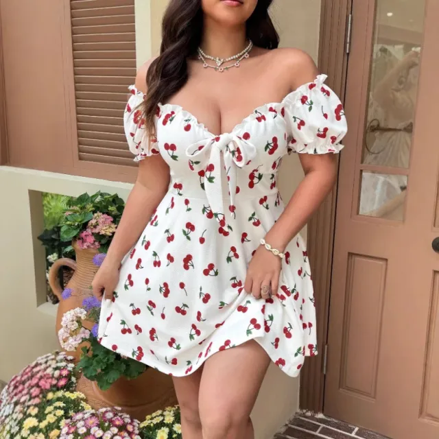 Lady's Puff Sleeve Large Skirt Dress White - Shop at LoveMi