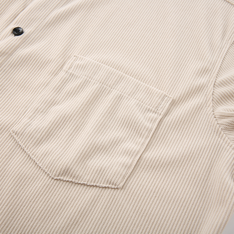 Men's Twin-Pocket Corduroy Overshirt - beige ribbed fabric and chest patch pocket close-up