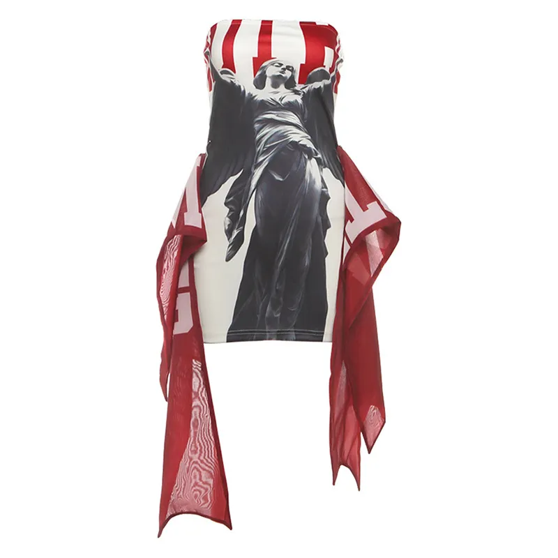Fitted Waist Elegant Letter-printed Tube Top Mini Dress - White