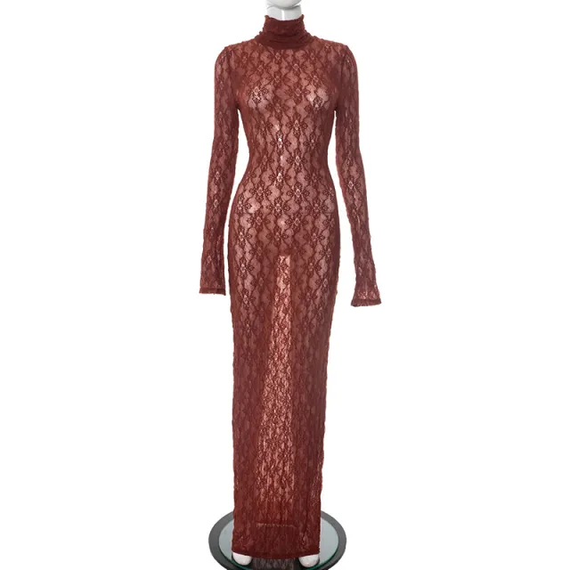 Women's Turtleneck Lace Long Sleeve Dress Red - Shop at LoveMi