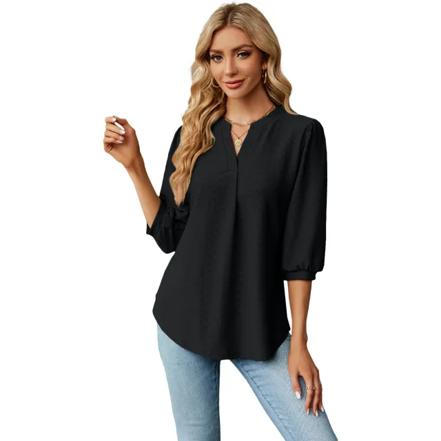 Solid Color Lace Collar Jacquard Long Sleeve Loose fitting T shirt Top Black - Shop at LoveMi