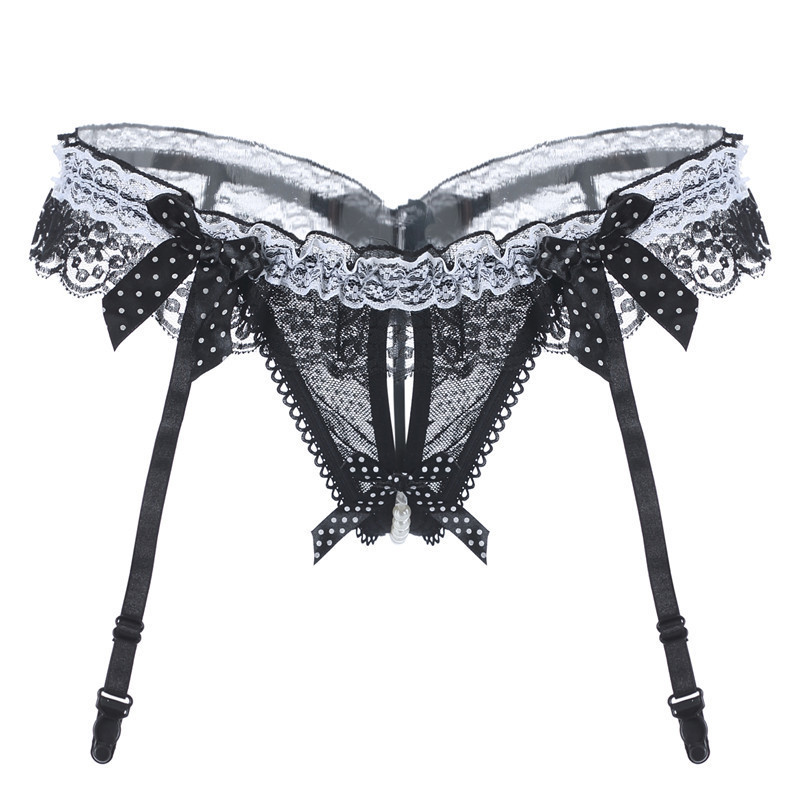 Waist-tied Lace Open-crotch Garter Set With Pearl Panties 5
