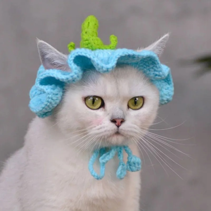 Hand-crocheted Cat Pumpkin Pet Hat Blue S