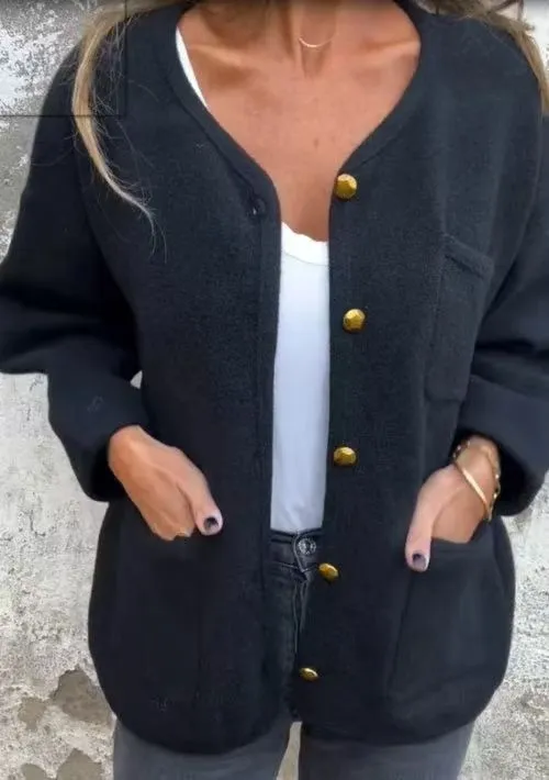 Women's Round Neck Long Sleeve Woolen Coat Black - Shop at LoveMi