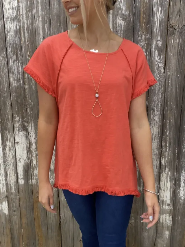 Solid Color Cotton Tassel Design Short Sleeve Round Neck T shirt Red - Shop at LoveMi