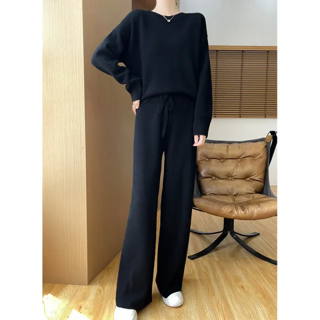 Australian Wool Round Neck Loose Western Style Sweater Straight leg Pants Thickened Knitting Suit Black - Shop at LoveMi