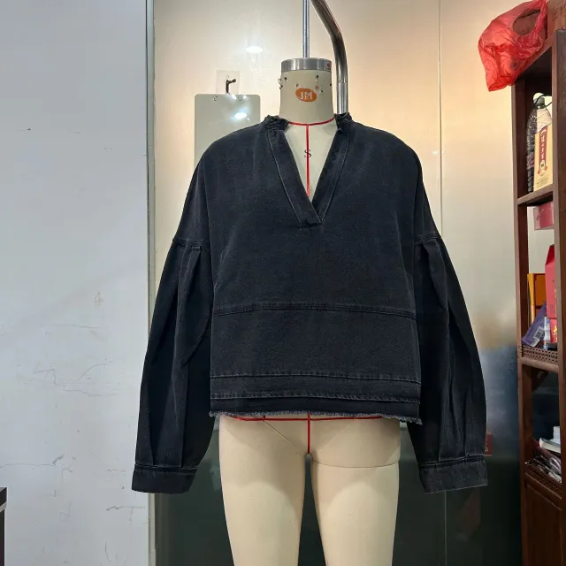 New V neck Long Sleeve Loose Stitching Denim Long Sleeve Loose All matching Top Black - Shop at LoveMi