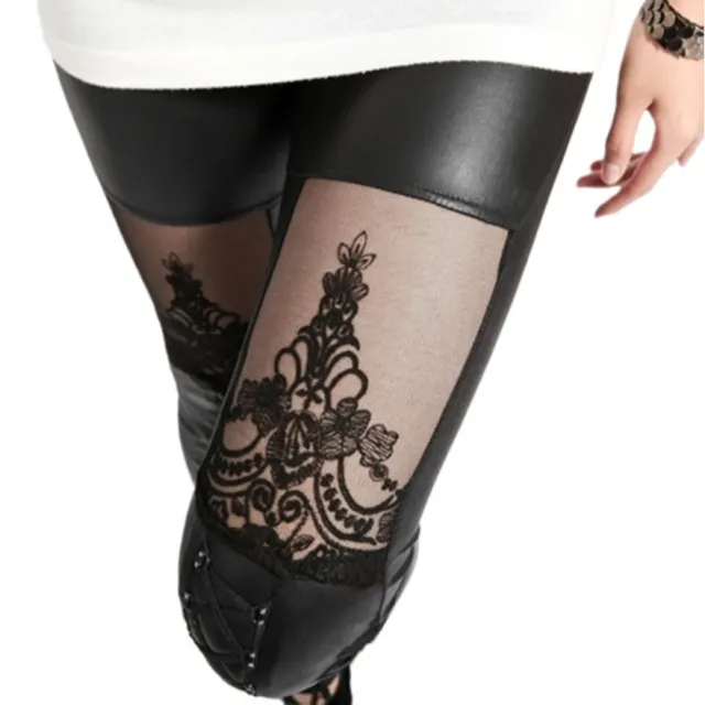 Jacquard Lace Stitching Casual Women's Base Leather Pants Black - Shop at LoveMi