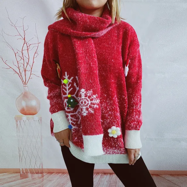 Women's Round Neck Long Sleeve Snowflake Three dimensional Decoration Christmas Sweater Red - Shop at LoveMi