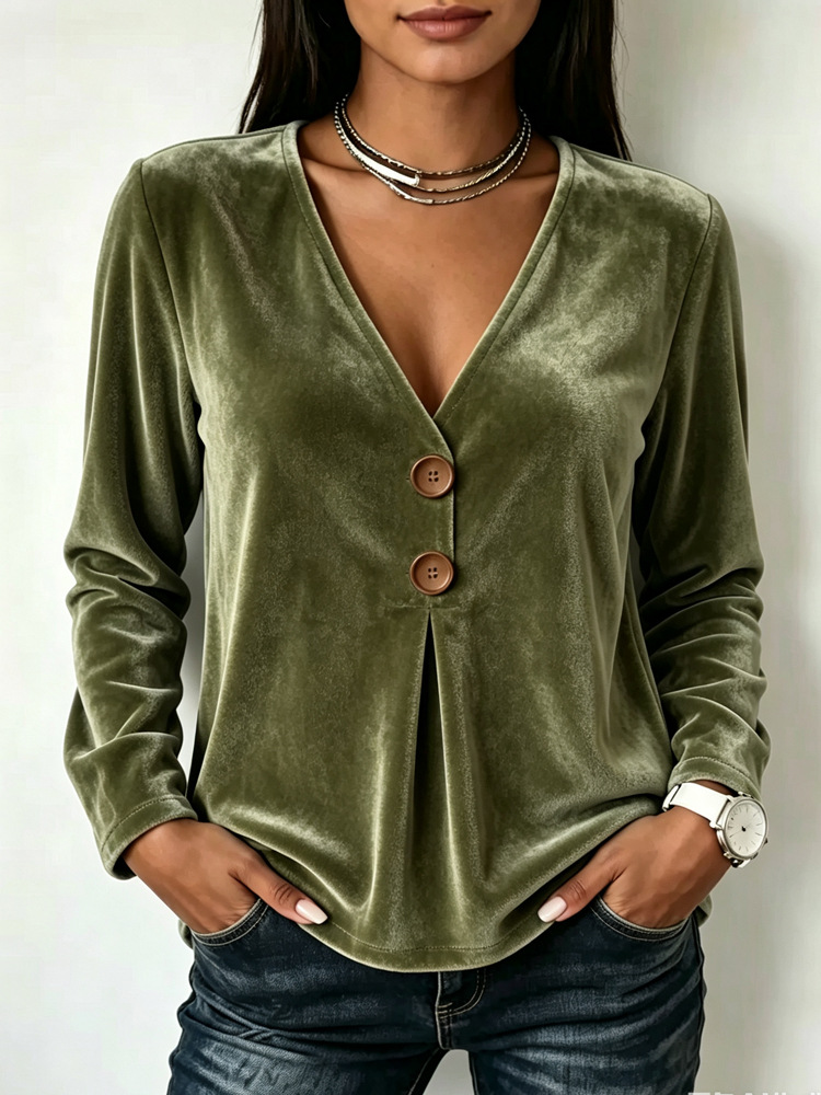 V-neck Velvet Solid-color Long-sleeve Womens T-shirt