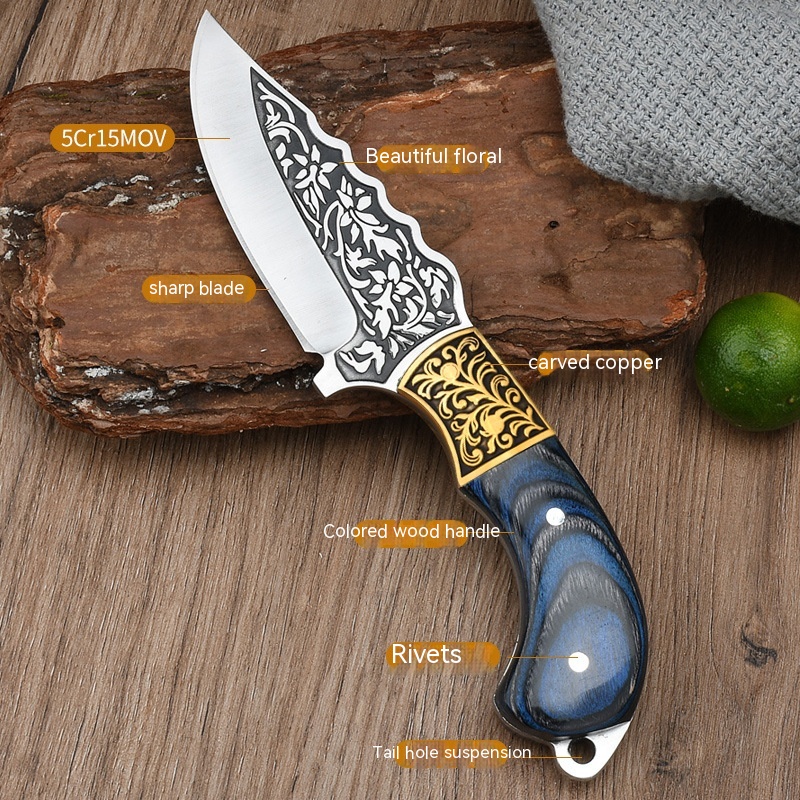 Carved Copper Head Forged Mongolian Meat Cutter Outdoor Knife