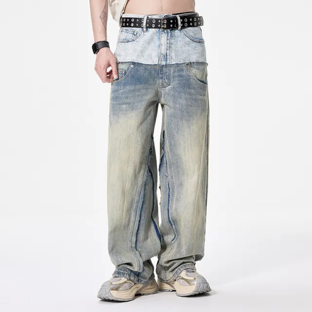 Loose Wide Leg Straight Denim Trousers For Men Retro Blue - Shop at LoveMi