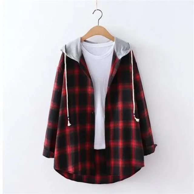 Retro Style Springsummer Autumn Plaid Shirt Women's Loose And Hooded Cardigan Coat Retro Red - Shop at LoveMi