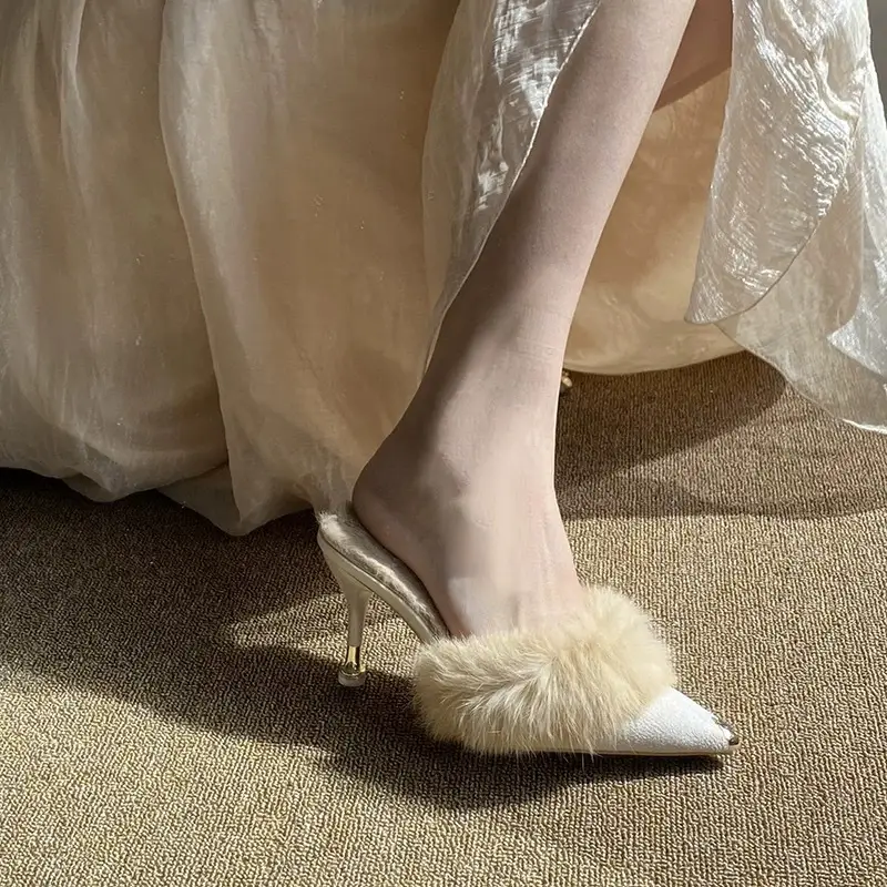 Elegant Fallwinter Furry High-heeled Slide Sandals For Women Perfect For Outdoor Wear
