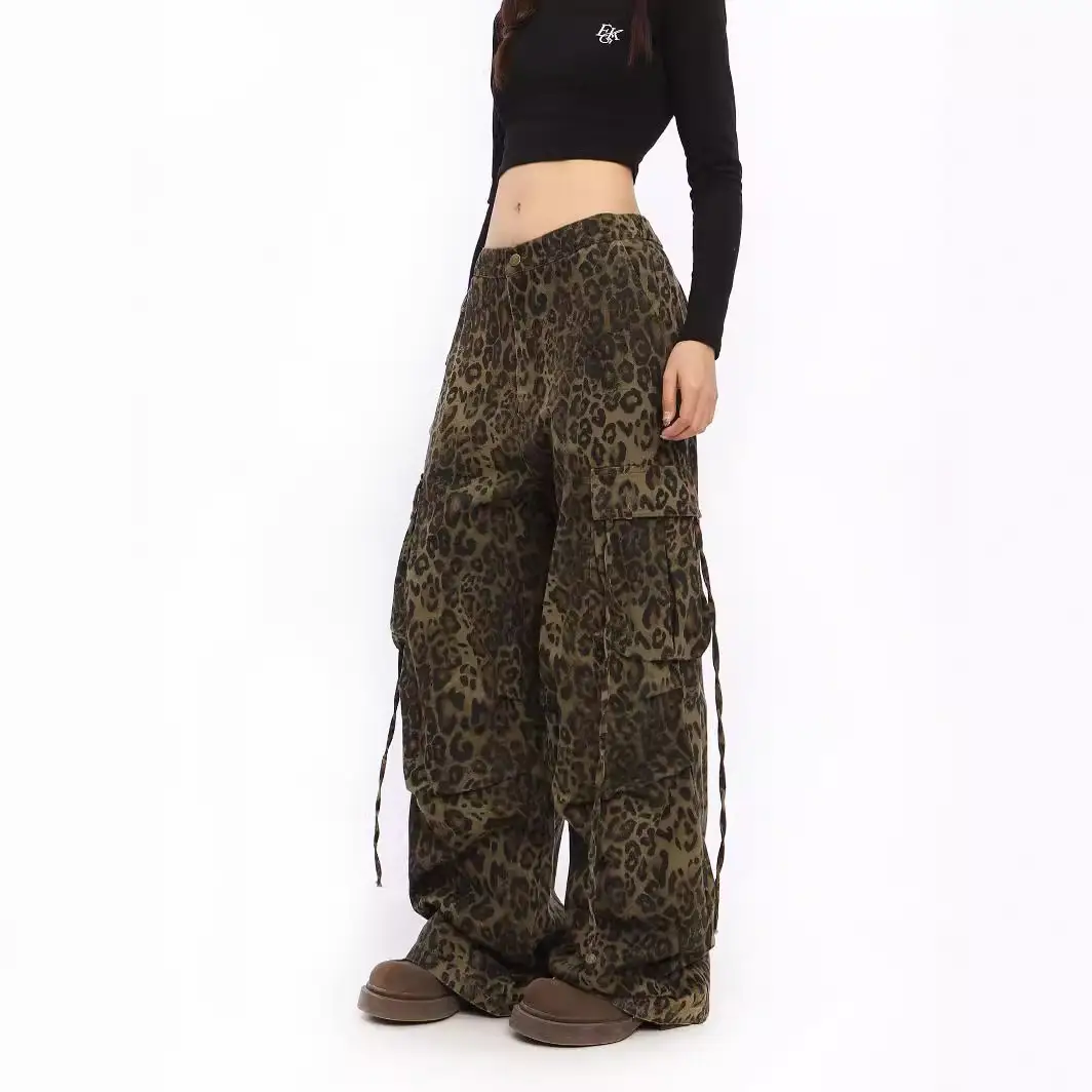 American Street Leopard Print Color Wide-leg Overalls