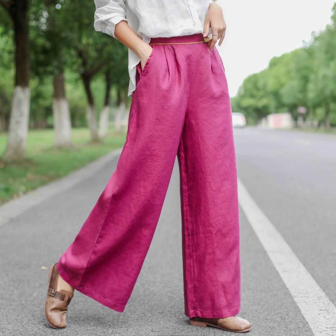 Title 20, Pantalon long en lin taille haute, ample et fin...