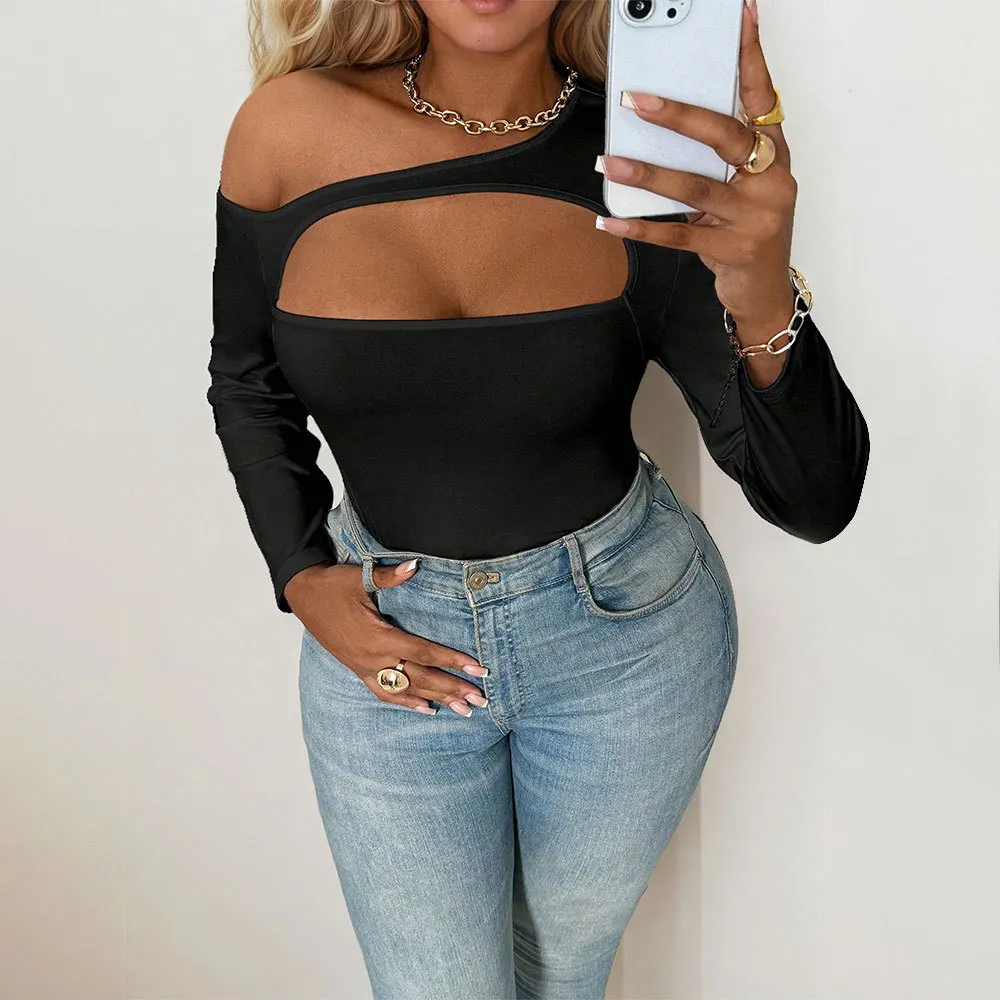 Sexy Off-shoulder Design Long Sleeve Top - Black