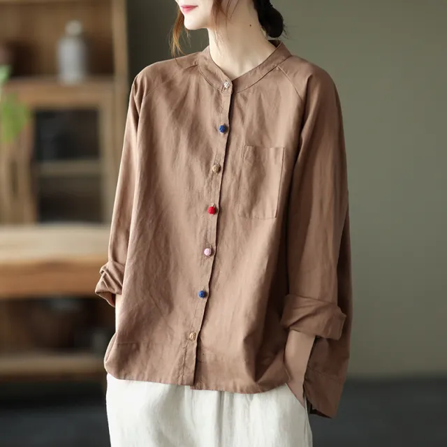 Retro Cotton And Linen Shirt Lady Literature Loose Lapel Long Sleeves Shirt Brown - Shop at LoveMi