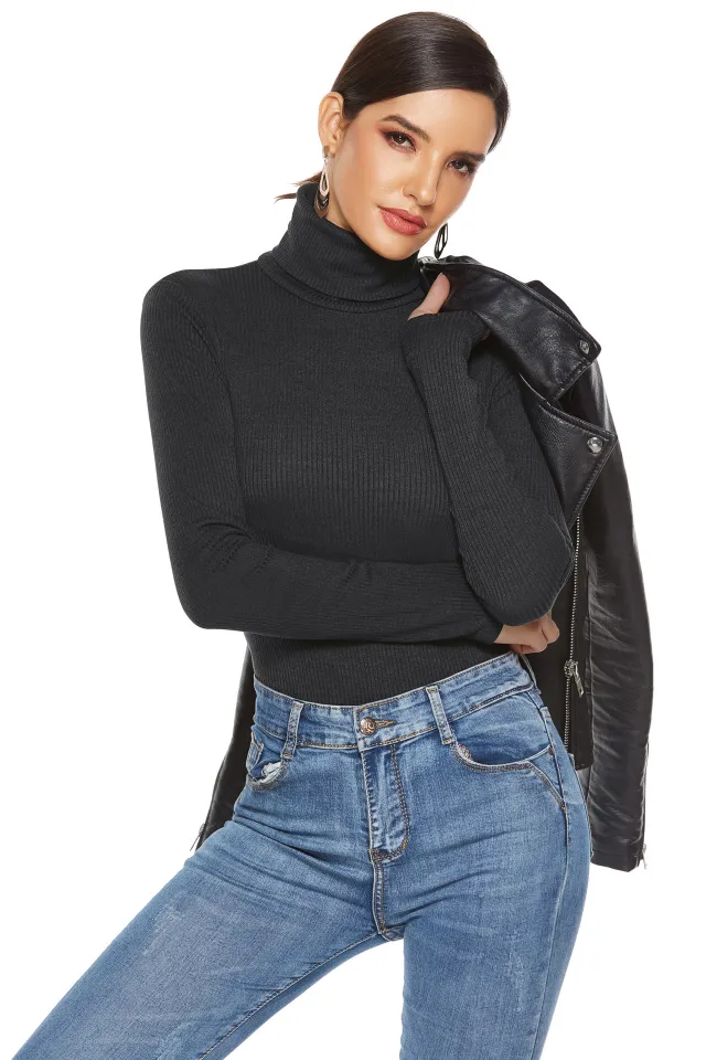 Long Sleeve Turtleneck Slim Bottoming Shirt Solid Color Triangle Sexy Knitted Jumpsuit Black - Shop at LoveMi