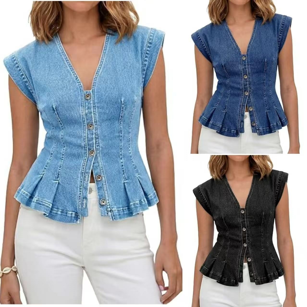 Denim Vest Fashionable And Casual Buttoned Slim-Fit Ruched Sleeveless Denim Jacket