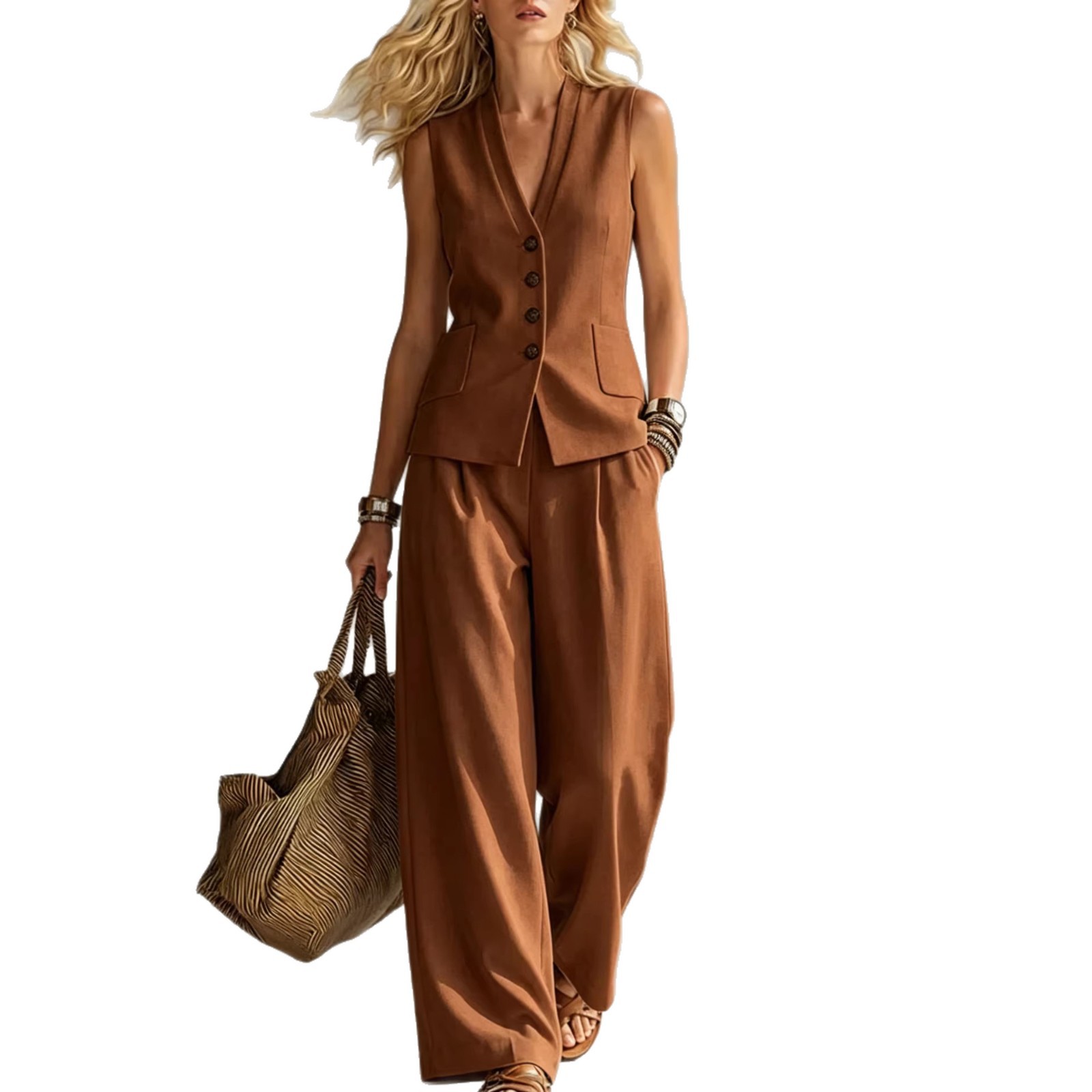 Womens Solid-Colored Sleeveless Casual Linen Tank Top And Pants Set 5