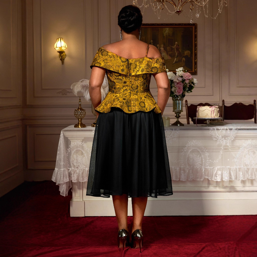 Embroidered Irregular Sleeve Waist Black Median To Long Mesh Skirt - Image 4