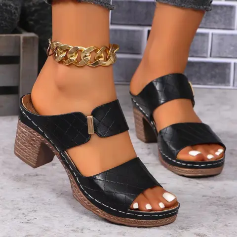 Chunky Heel Sandals Summer Round Toe Plaid Slides Slippers