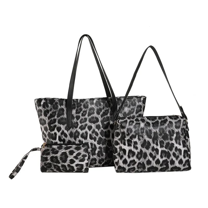 Large Capacity Leopard Print Tote Three-piece Set - Black