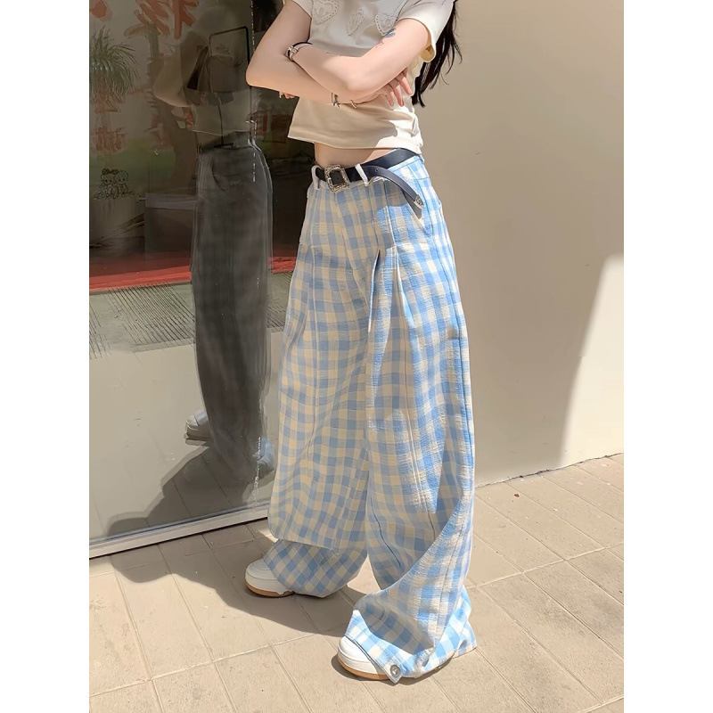 Blue And White Plaid Summer Trousers Loose Cotton Wide Leg Pants For Women Blue - Shop at LoveMi