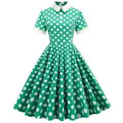 Elegant Polka Dot Photo Maxi Skirt Retro Dress - Green - View 1