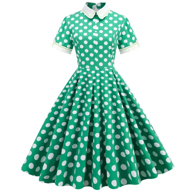 Elegant Polka Dot Photo Maxi Skirt Retro Dress Green - Shop at LoveMi