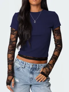 Sexy Women's Fake Two-piece Long Sleeve Crew Neck T-shirt - Dark Blue - View 1