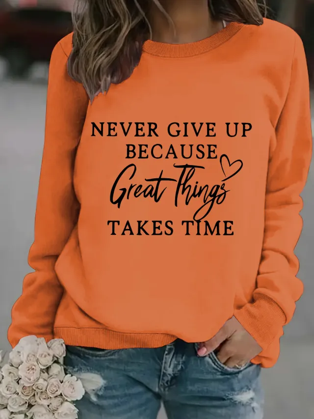 Casual Long Sleeve Round Neck Print Sweatshirt Orange Red - Shop at LoveMi