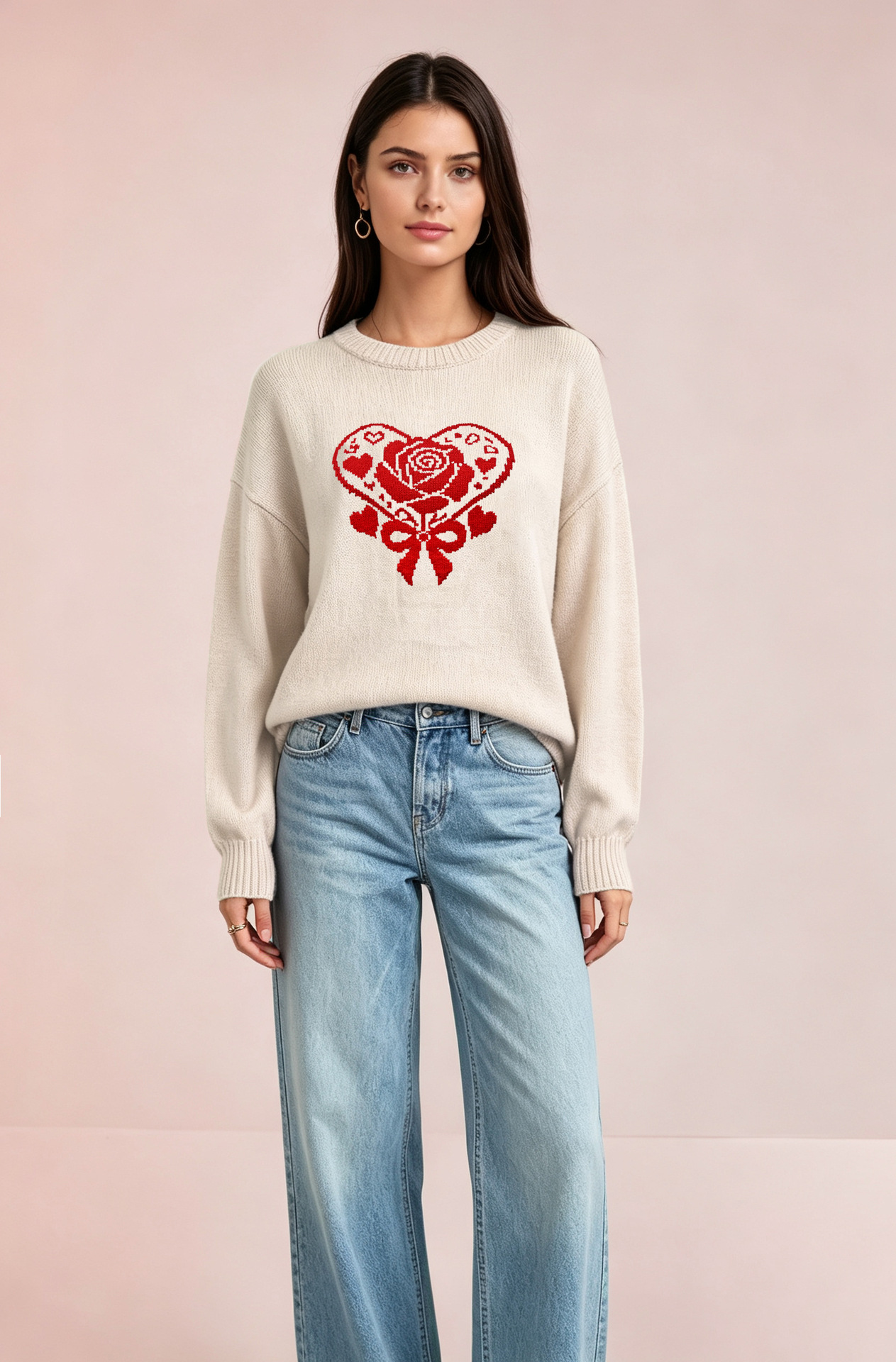 AutumnWinter European And American-style Knitted Sweater With A Heart Design