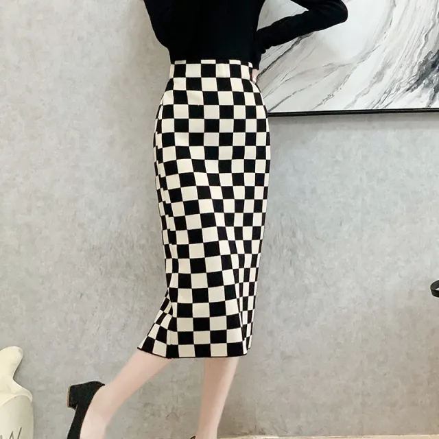 Chessboard Plaid Knitted Skirt Women's Autumn And Winter Korean Style Chessboard Large Plaid - Shop at LoveMi