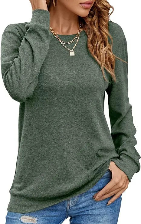 European And American Style Women Long Sleeve Shirt Solid Color Round Neck Coat Olive Green - Shop at LoveMi